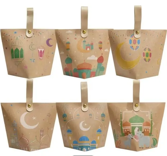 [Eid gift packaging] 6pcs Kraft Paper Gift Boxes | Handheld for Eid Mubarak, Ramadan, Eid al-Fitr, Eid al-Adha | Muslim Festival Party Decorative Supplies