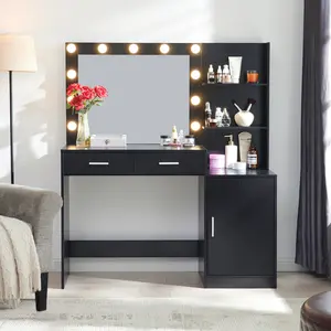 [Bellemave]Vanity Desk with Mirror and Lights, 46.4IN Dressing Table with 2 Large Drawer&Large Vertical Organizer, 3 Level Dresser & 3 Lighting Modes Adjustable Brightness, Suitable for Bedroom(Black)