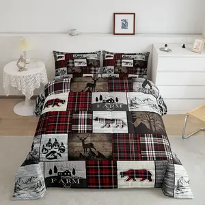 Bear Comforter,Buffalo Plaid Check Bedding Sets,Cabin Camping Wild Farm Animal Elk Deer Duvet Insert,Red Christmas Stripes Patchwork Quilt