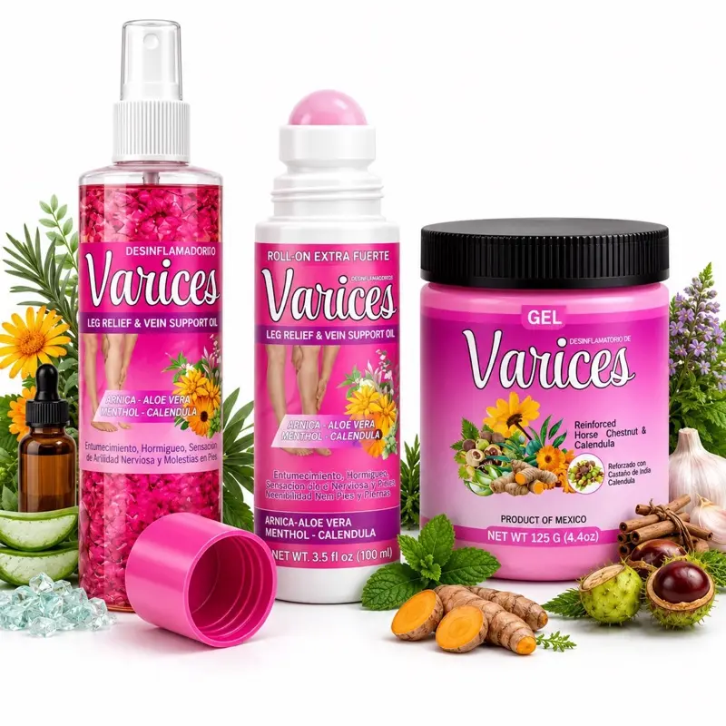 (3 COMBO PACK)  Varices Gel  (125g) +Oil + Roll on– Natural Massage Gel Desinflamatorio de verices 4.23 oz (120 g) – Varicosa Massage Body Oil Targeted Cooling Sensation for Legs, Knees, Arms & Shoulders – Natural arnica oil with Calendula & Horse Extract