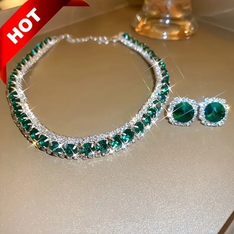 Luxurious green necklace and earring set, sexy and simple style, women's fashion jewelry, elegant accessory gift for Eid dinner