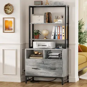 Vertical File Cabinet with Charging Station | All-in-One Printer Stand with Office Storage Drawer