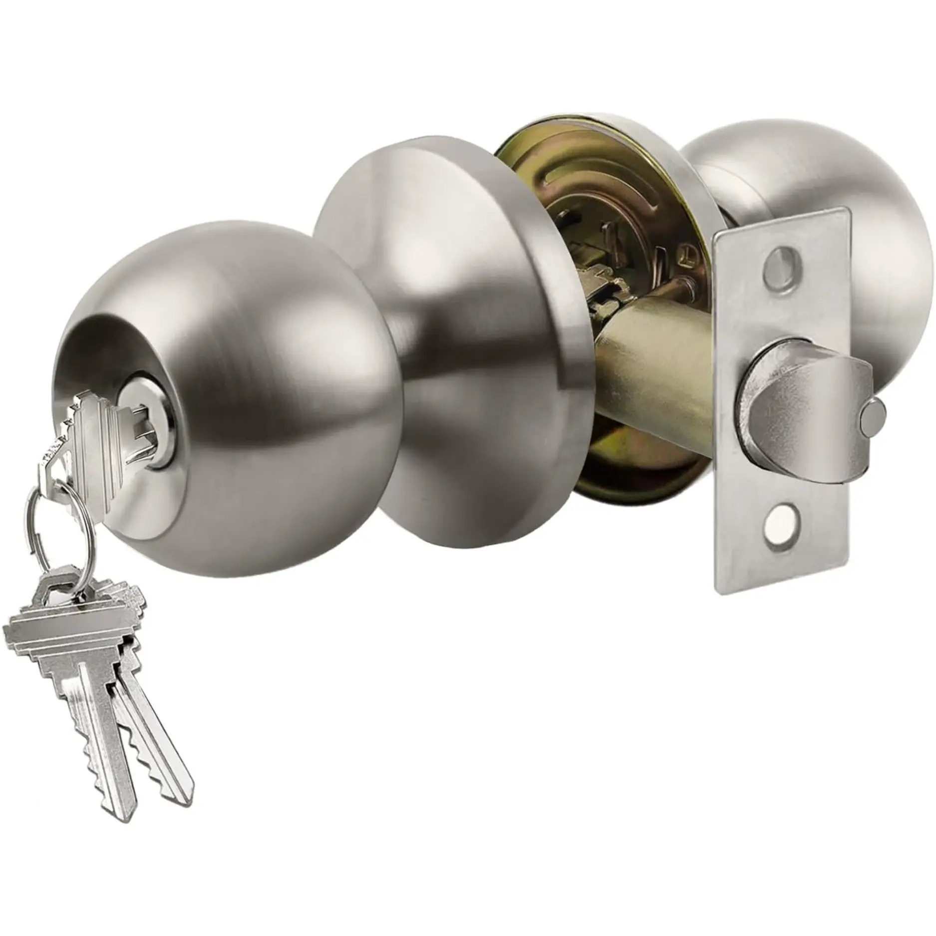 Keyed Entry Door Knob with Lock - Heavy Duty Interior-Exterior Hardware, Satin Nickel, Standard Ball 3-Bar Lock, 2-3/8" to 2-3/4" Backset, 3 Keys, DIY Installation, Door Lever Handle