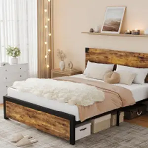 Brown Full Size Bed Frame with Wood Headboard, Full Platform Bed Frame with Under Bed Storage and Metal Legs, Noise Free, No Box Spring Needed, Easy Assembly