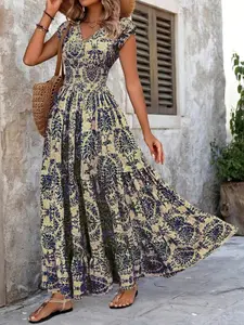 Vintage Print V Neck Short Sleeve Dress, Fashion Elegant Long Dress, Daily Commute Date, Slimming Versatility for Mature Women