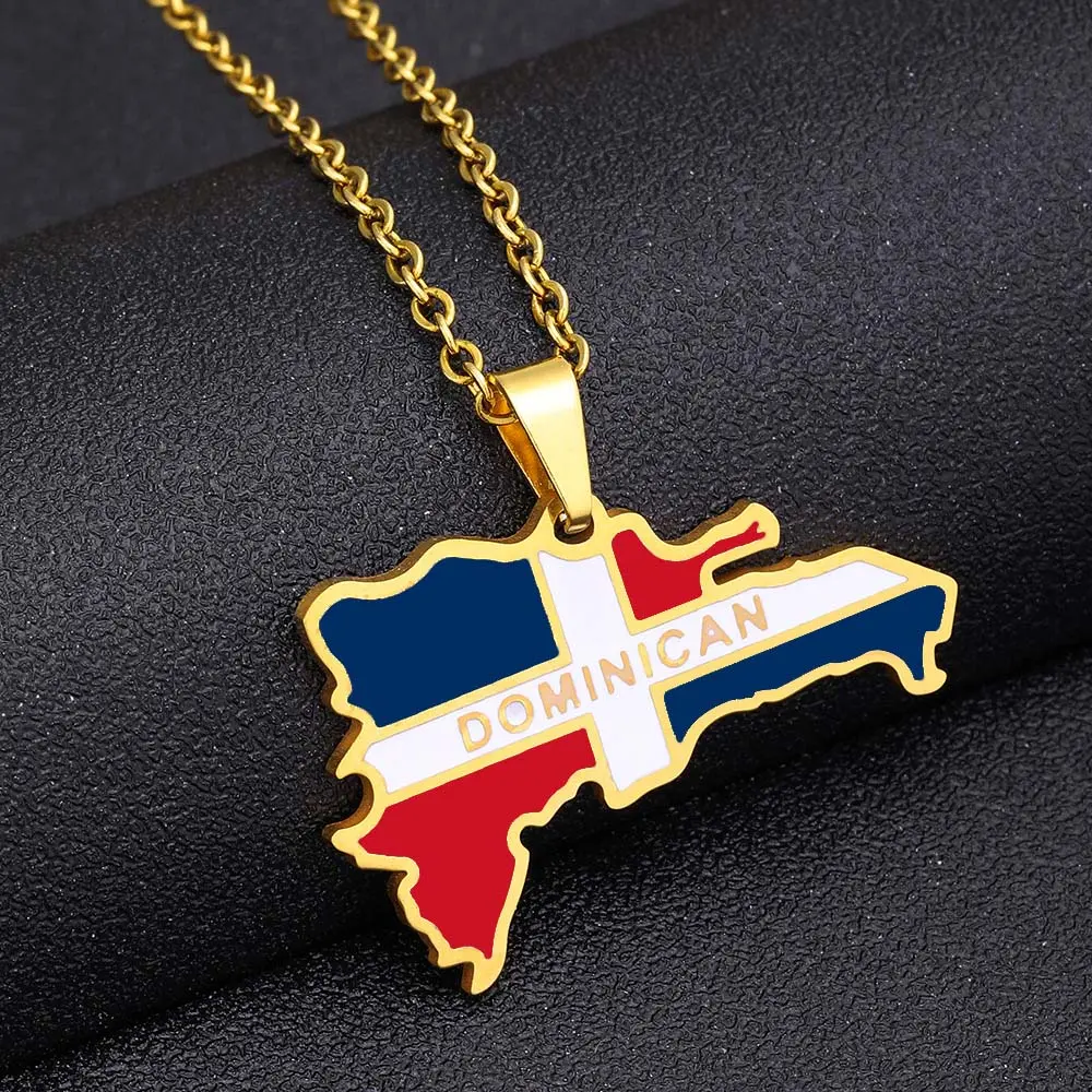 Dominican Republic Pendant Necklace in Stainless Steel, Unisex Cultural Jewelry for Casual Daily Wear, Fashion Statement Birthday Gift