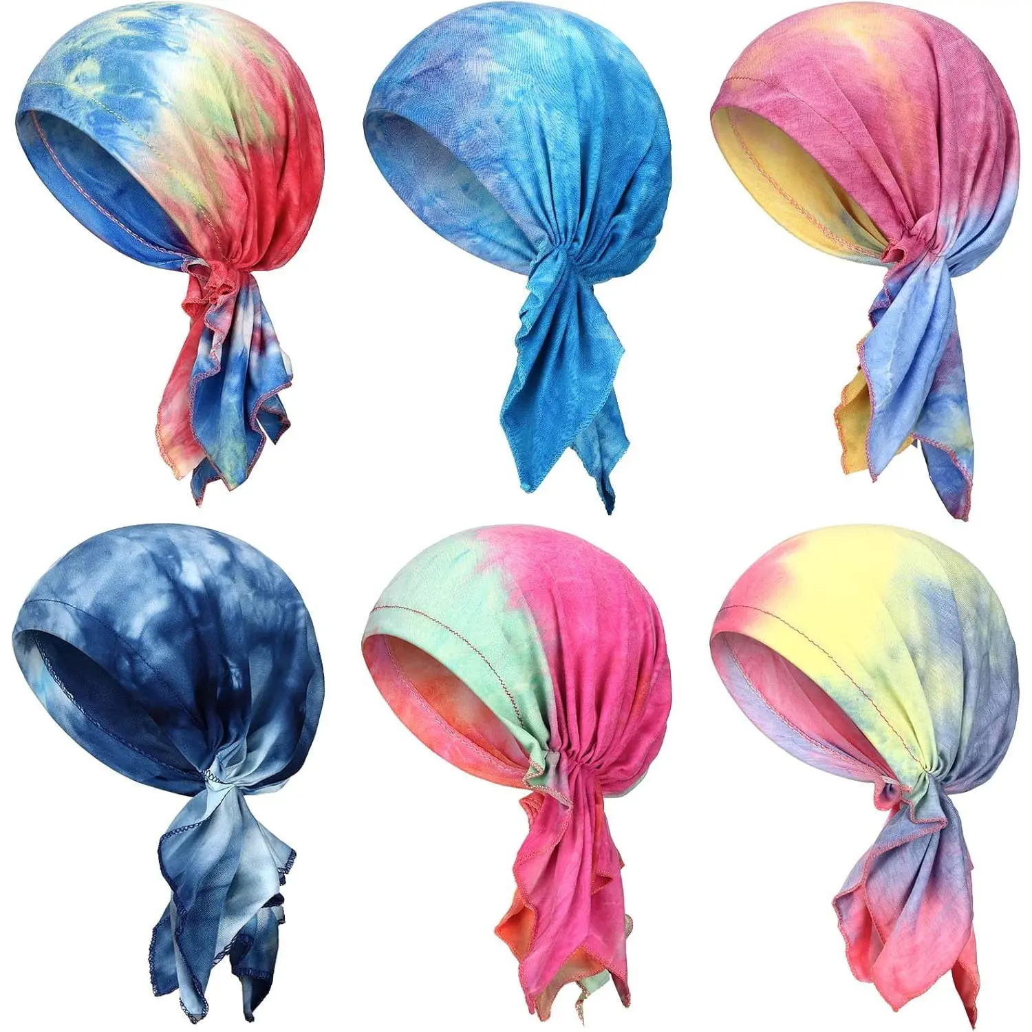 Women's 6-Count Pre-Tied Polyester Blend Chemo Headwear - Bandana, Turban, Beanie Caps for Hair Loss Adults, 1 Size (22-23 in), All Seasons, Back Wreath Ruffle, Cashew Print, Suitable for Yoga, Running