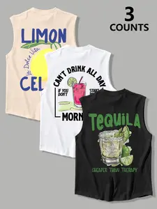 3-Pack American Vintage Print Sleeveless Tank Tops, Casual Basic Tanks, Summer Breathable Casual T-Shirts, Unisex Beach Vacation Loose Fit Sporty Wear