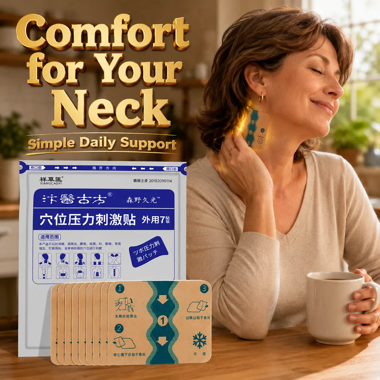 Neck strain patch helps relieve discomfort at the “wealth bag” area—stiffness, swelling, and soreness—and stiffness in the neck after exertion, making it difficult to raise arms. It soothes compressed soft tissues, eliminating the everyday issue of a stif