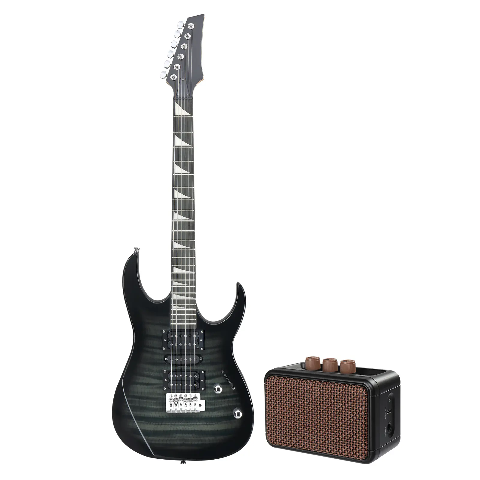 IRIN Model 170 39-inch Electric Guitar Kit - Basswood Body, Maple Neck, HSH Pickups, Tiger-Striped Purple-Black-Green Finish, 20W Portable Guitar Amplifier, 5-Way Switch, 1/4" Jack, Ready-to-Use for Hard Rock, Metal, Portable Guitar Amp