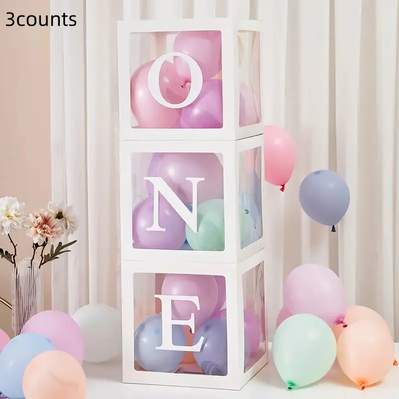 3-Piece One Letter Balloon Box Set, Balloon Letter Kit, Transparent PVC Cube with Colorful Balloons, Perfect for Birthday Celebrations & Party Decorations, Balloon Party Supplies