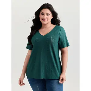 BLOOMCHIC Women's Plus Size V-Neck Short-Sleeve Top - Eyelet Trim, Draped Stretchy Spandex Fabric, Backless Strap, Casual Fit, Flat Garment, 2026 Summer Streetwear Tshirt, M-6X Women's Clothes