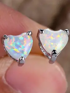 White Blue Green FireSynthetic Opal Small Heart Stone Stud Earrings For Women Trendy Silver Color Birthstone Wedding Jewelry Bridal Gifts