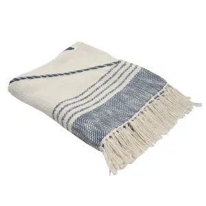 HomeRoots 516482 Blue & Off White Woven Cotton Striped Throw Blanket, Striped Blankets, Warm Blanket