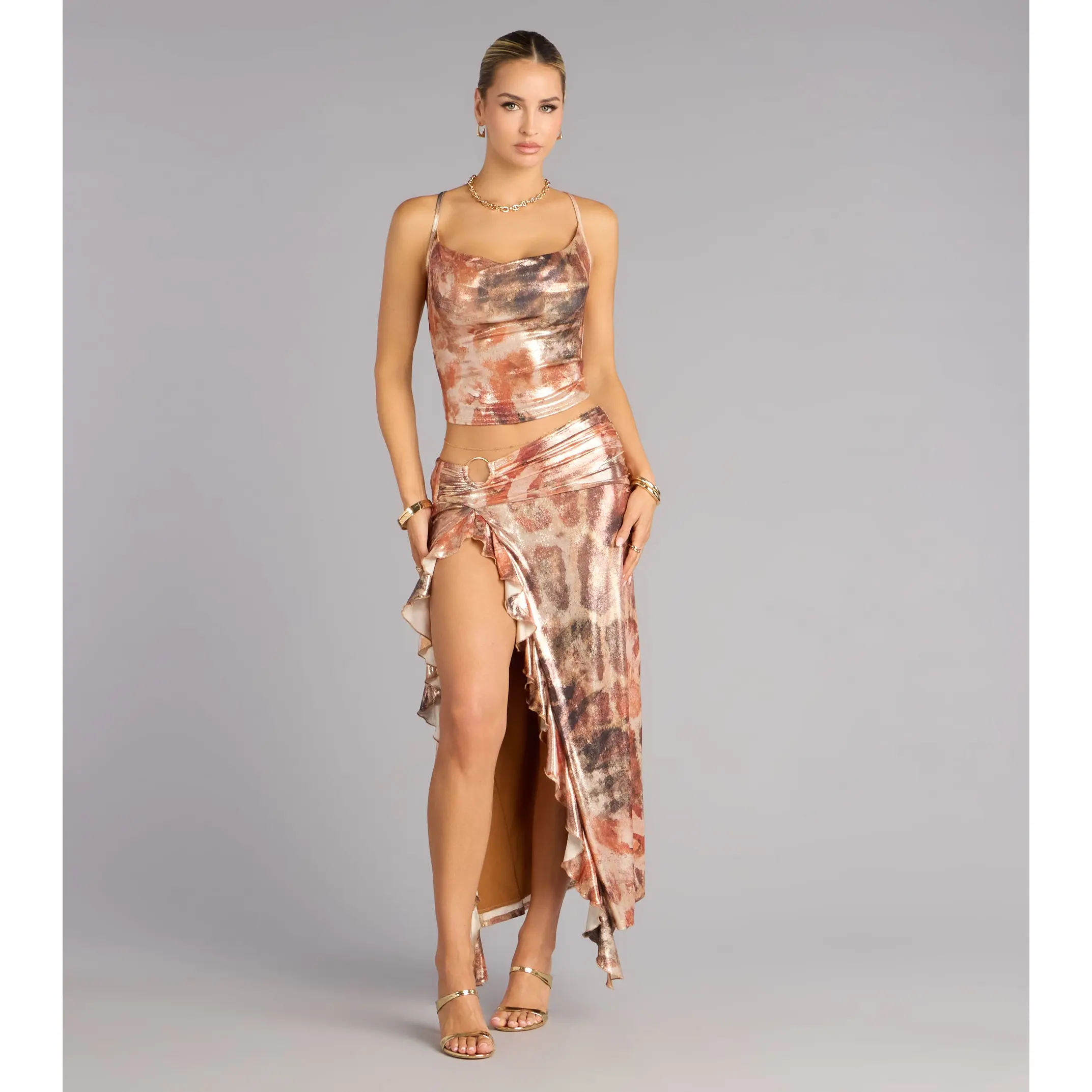 Golden Rush Metallic Ruffle Maxi Skirt