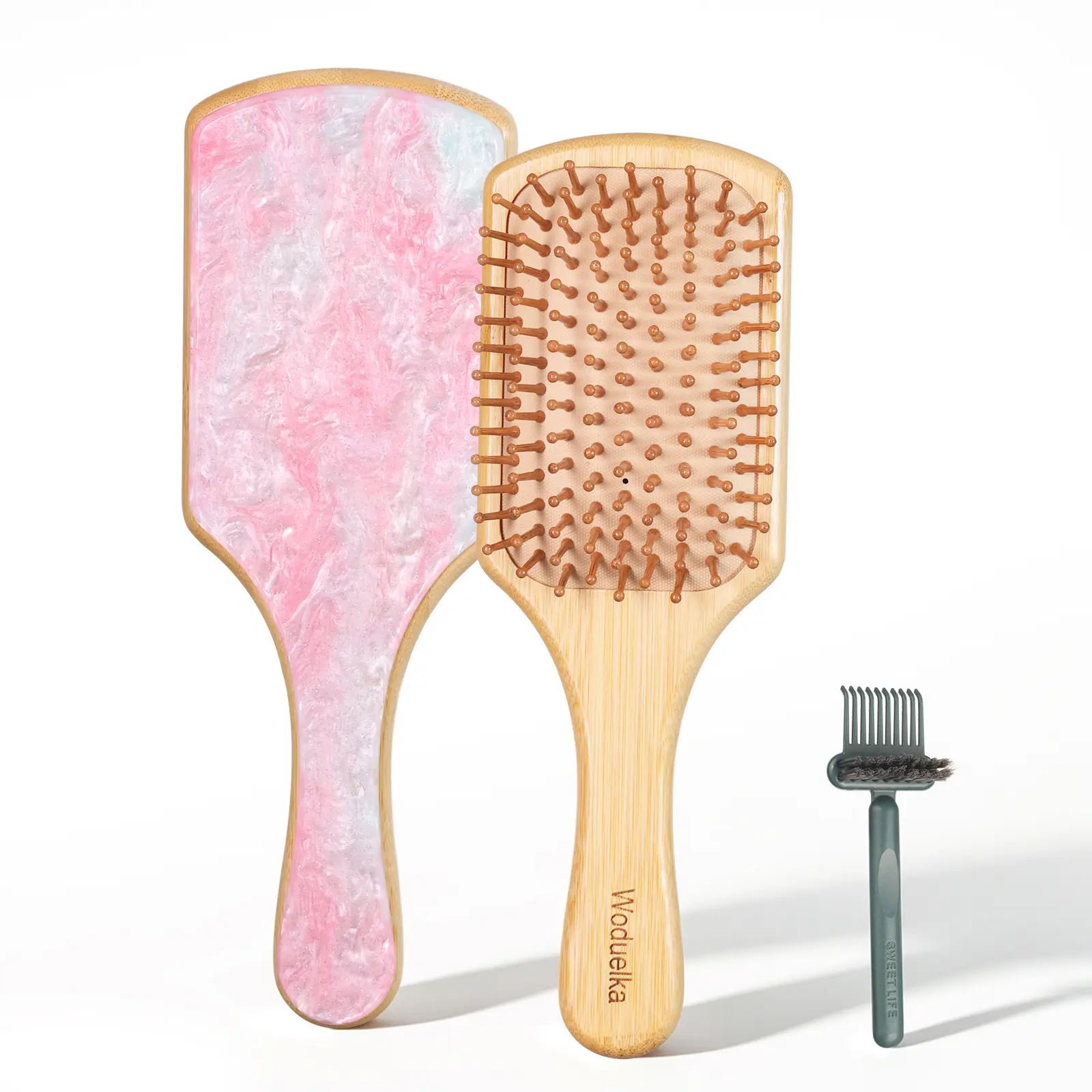 Bamboo Hair Brush for Women – Summer Hairstyles, Paddle Detangling Hairbrush with Natural Bamboo Bristles, Paddle Hairbrush for Scalp Massage, All Hair Types, Brush Cleaner Included, Pink & White