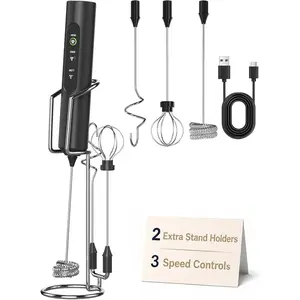 Rechargeable Milk Frother Handheld with 3 Speed, 3 Detachable Whisks with Stand, Electric Coffee Drink Mixer Wand for Cappuccino, Latte, Matcha, Hot , Eggs,Protein Black
