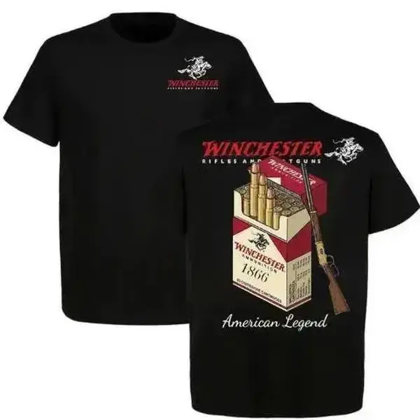 Winchester Men's Casual Round Neck Short-Sleeve Cotton T-Shirt - American Legend, 1866 Ammo Box Graphic, Lever Action Rifle Print, Vintage Hunting Apparel, Gun Enthusiast Gift, Cowboy Western Style Menswear