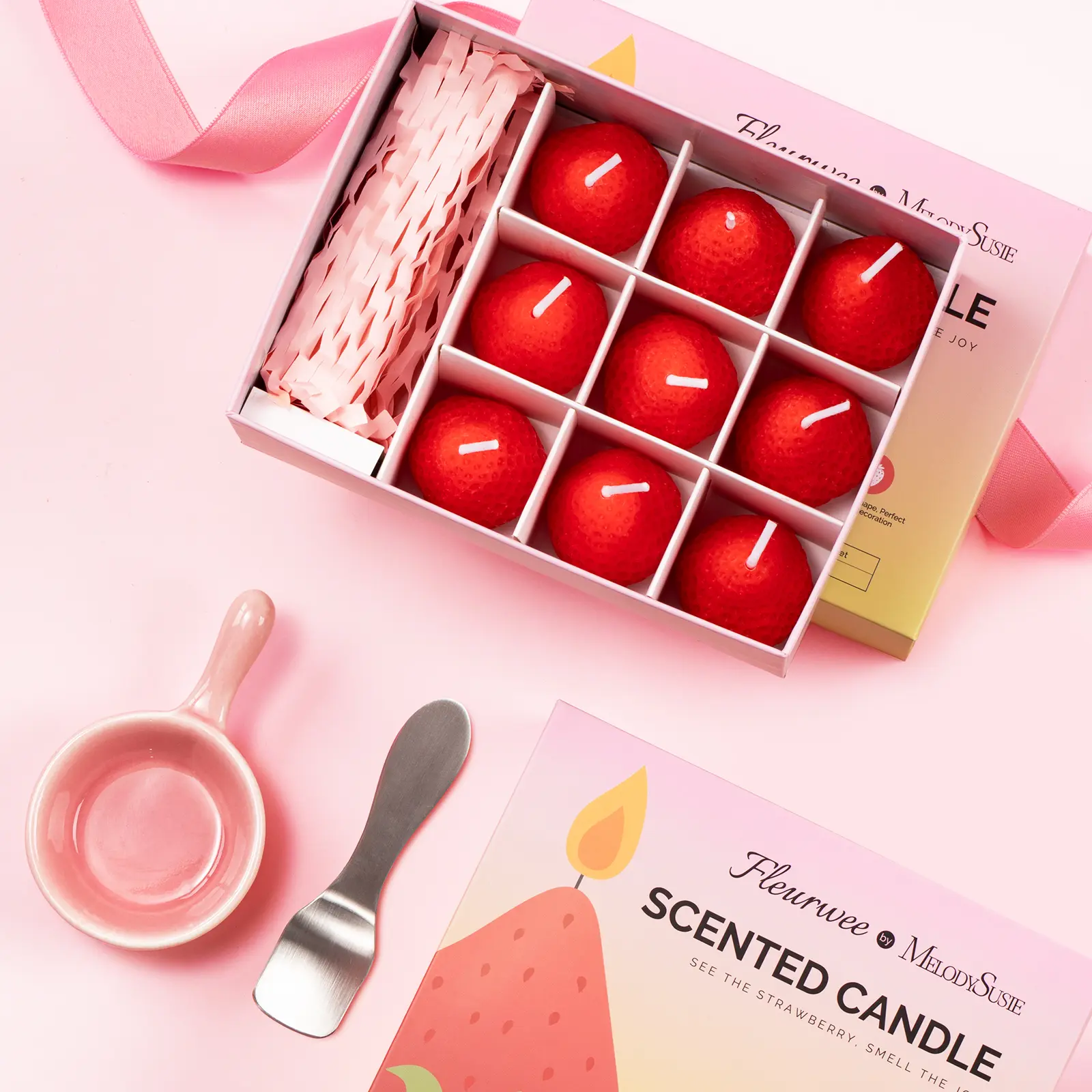 MelodySusie Aromatherapy Gift Box with Strawberry-Shaped Scented Candles for Home Decor and Holiday Gatherings - 9 Candles, Ceramic Tray, and Spoon