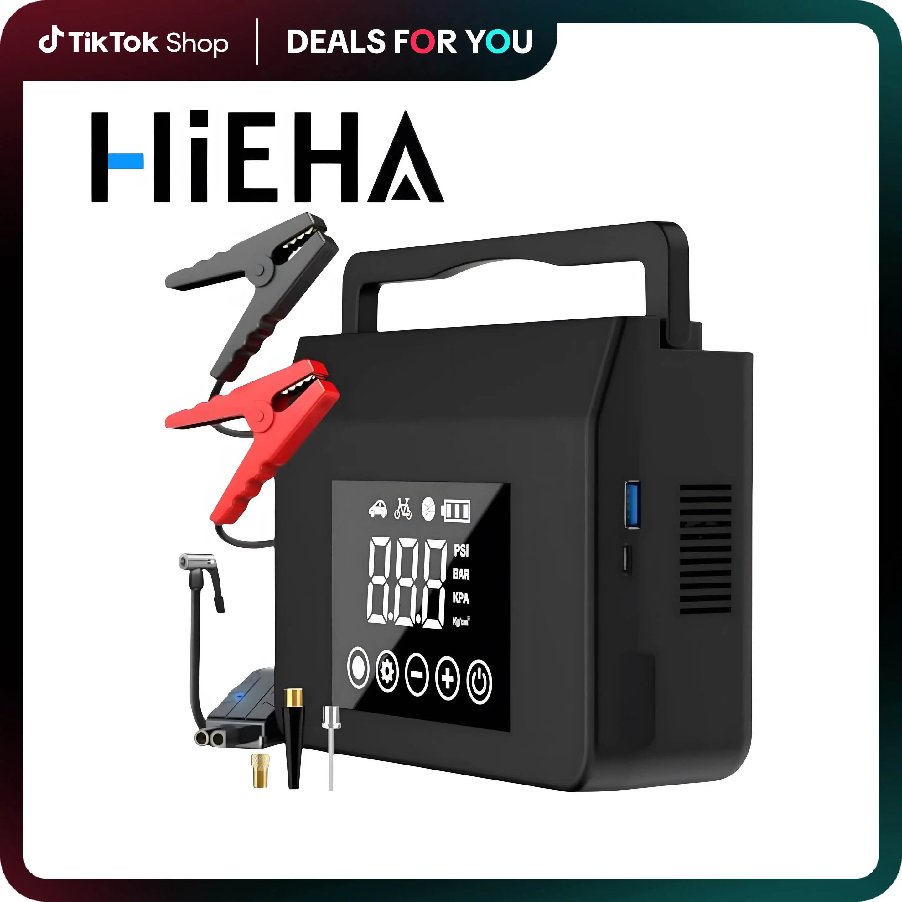【Hieha】4000A Car Jump Starter with Air Compressor 150PSI Tire Inflator 12V Power Bank 15000mAh LED Light Type-C Quick Charge for ALL Gas/Diesel Engine