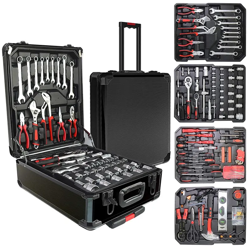Bourvill 899pcs Aluminum Trolley Case Tool Set Silver,blcak House Repair Kit Set, Household Hand Tool Set, with Tool Belt,Gift on Father's Day