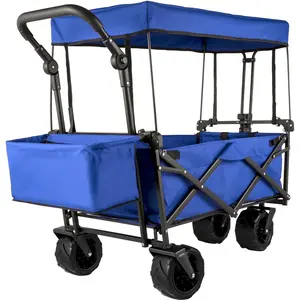 【Spotlight Day】VEVOR Extra Large Collapsible Garden Cart with Removable Canopy, Folding Wagon Utility Carts with Wheels and Rear Storage, Wagon Cart for Garden, Camping, Grocery Cart, Shopping Cart, Blue