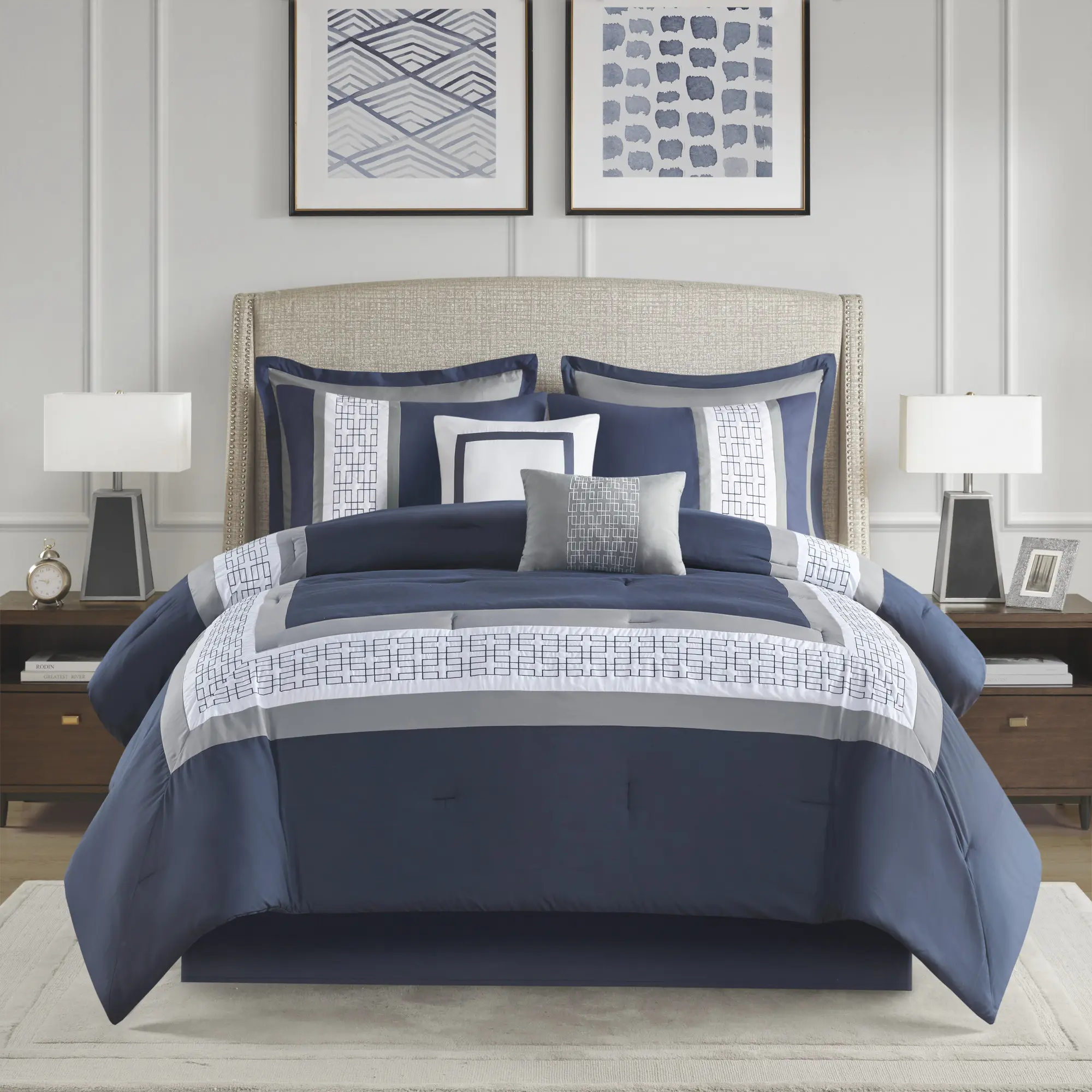 Powell 8-Piece Comfy Hotel-Style Comforter Set - Comfy Bedding with Geometric Embroidery Details, Matching Shams, Decorative Pillow, Bedskirt, All-Season Bedding Sets Collections, Comfy Bedding Set