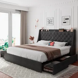 New modern minimalist styleQueen Bed Frame with 4 Storage Drawers, Upholstered Platform Bed Frame with Type-C & USB Ports, Wingback Storage Headboard, Solid Wood Slats, No Box Spring Needed, Dark Gray