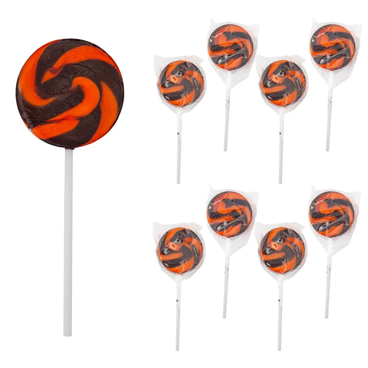 Halloween Orange & Black Swirl Orange-Flavored Lollipops - 8 pcs