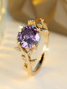 Luxury and Charming Round Synthetic Zirconia's Golden Leaf Ladies Ring, Artificial Zircon Rings, Fashion Accessories for Women, Trendy All-match & Exquisite Jewelry for Birthday Gift
