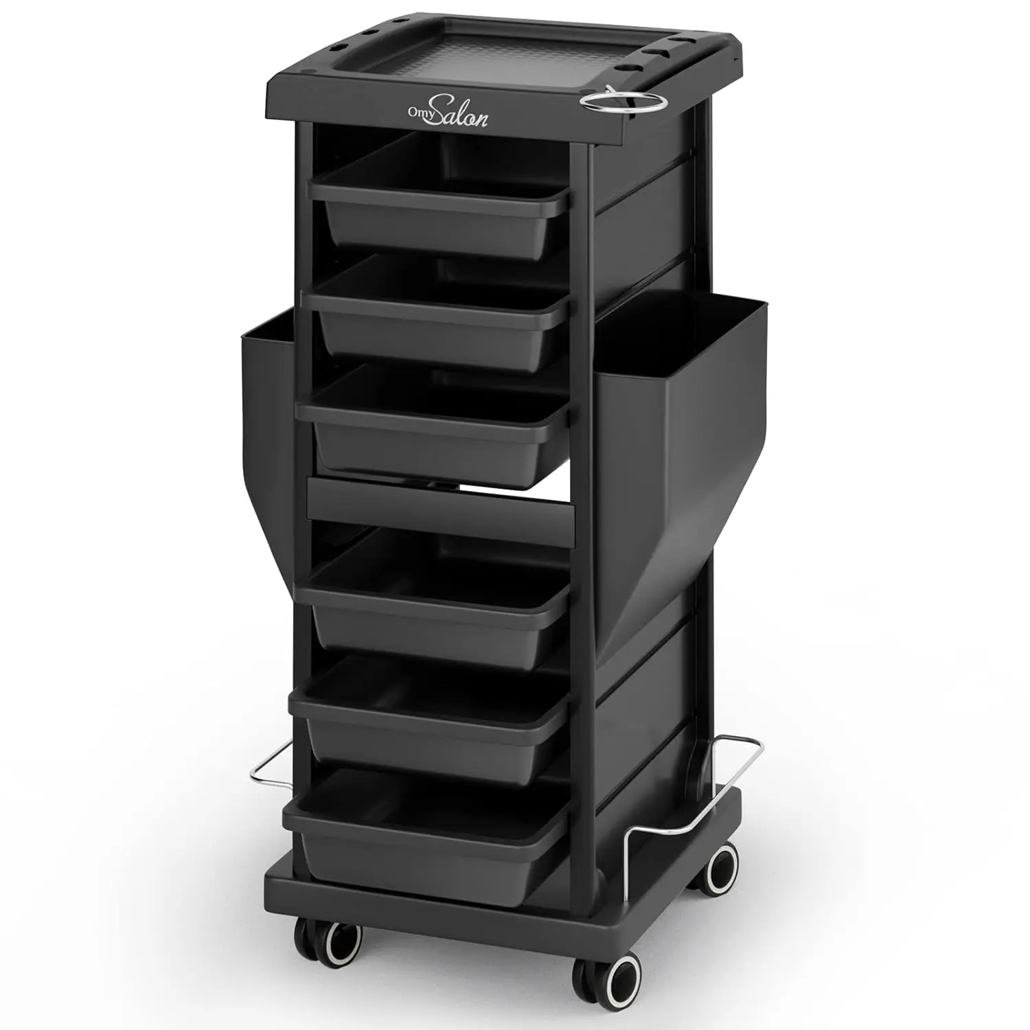 OmySalon Sturdy Stable Commercial Salon Trolley Cart Furniture - 6-Drawer Rolling Cart with Dryer Holder, Removable Chrome Ring, Salon Styling Tool & Makeup Storage for Hairstylists, Plastic