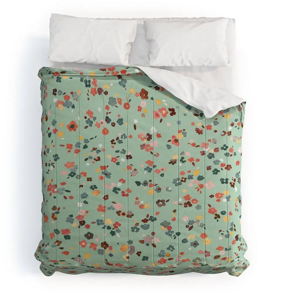 DENY Designs Decorative Duvet Cover Set, Twin/Twin Extra Long Ninola Ditsy Flowers Green/Red Microfiber 300 Thread Count 3-Piece Duvet Bedding Set