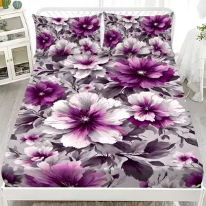 Bed Sheet Set - 3-Piece Set with 2D Flat Printing, Purple and White Floral Pattern, Mattress Protector, Ten Sizes Available (1*Fitted Sheet + 2*Pillowcases, no filling), Soft and Comfortable Bedding Set, Suitable for Home Bedrooms and Guest Rooms