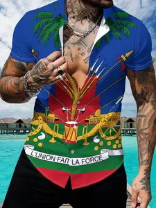 Men's Haiti Flag Shirt, Patriotic Print Design, Palm Tree and Sword, Bright /blue/, Casual Hip-Hop Style, Haiti T-Shirt