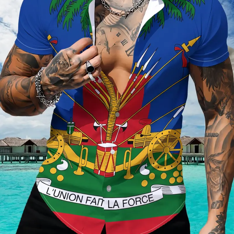 Men's Haiti Flag Patriotic Print Shirt, Casual Street Style Tropical Palm Tree and Sword Print Streetwear, Casual Collared Shirt, Tops, Menswear