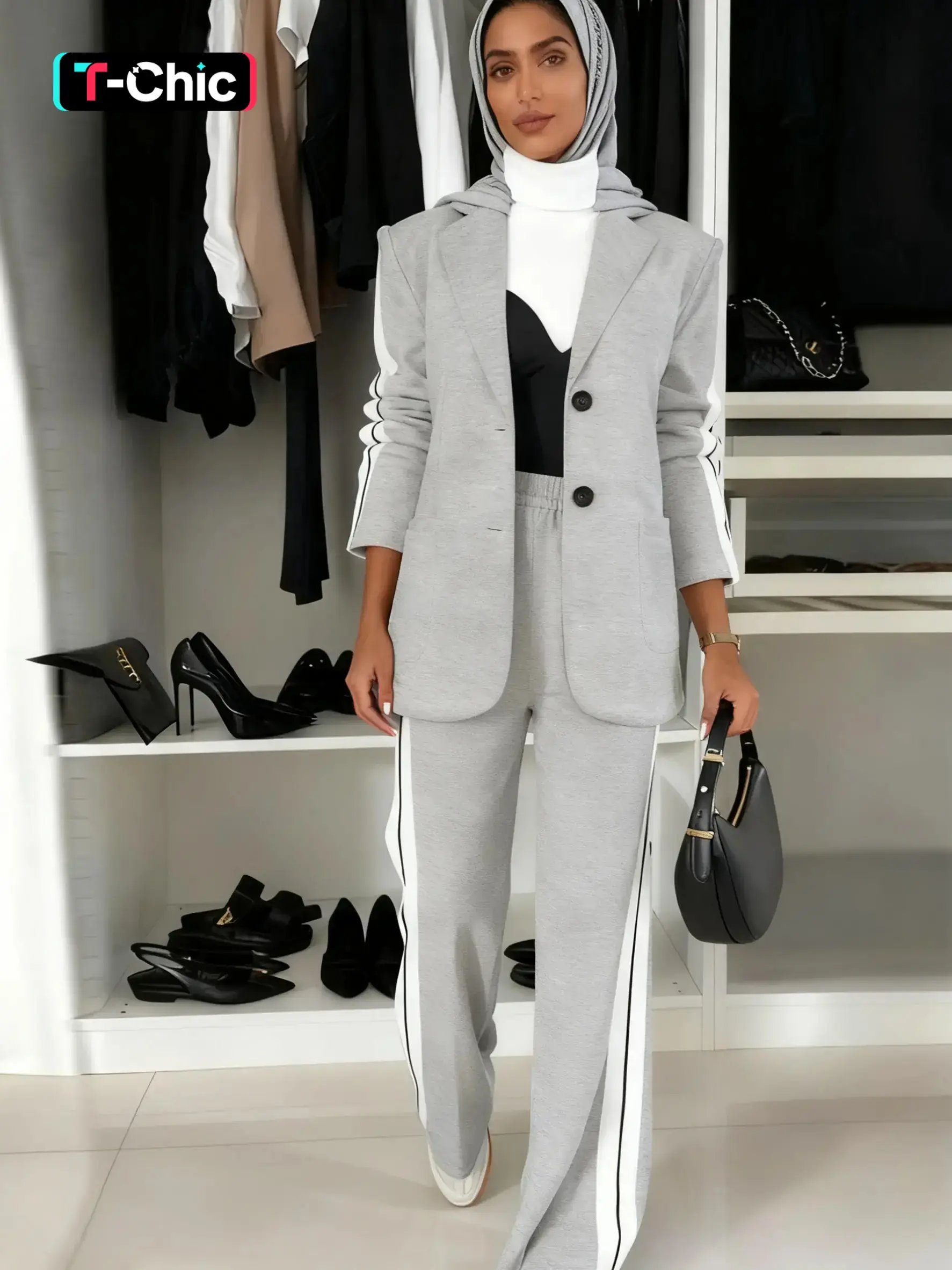 Women's Striped Print Blazer Jacket & Wide Leg Pants Set Outfit, Casual Fitted Suit for All Seasons, Stylish Ladies' Clothing Ensemble, Matching Suits