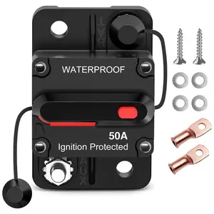 Nilight 50A Circuit Breaker Resettable 12-48V DC Manual Reset w/Copper Wire Lugs Surface Mount Overload Protection