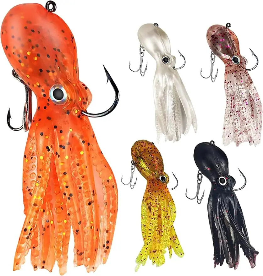 5 pcs Octopus Squid Swimbaits - Soft Plastic Fishing Lures with Weighted Jig Head, 3D Holographic Eyes, Saltwater Lures for Lingcod, Rockfish & Bass