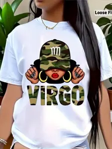 Women's Short Sleeve T-Shirt - White T-Shirt with Virgo Printed Design, Casual Round Neck Stretchy Soft Fabric, Machine Washable, All-Season Fashion Top, Trendy Attire, Statement Graphic Tee, Comfortable Fit Tee, Perfect Gift for Festival, Wholesale