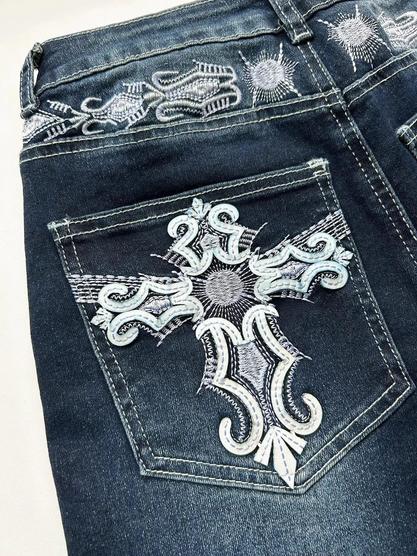 Women Grunge Punk Y2K Pocket Cross Wings Embroidered Flared Leg Fitted Stretch Jeans Bootcut Denim 2026