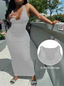 Women's Low Back Bodycon Long Dress, Sexy Minimalist Style, Fitted Plain Design, Perfect for Parties and Nightouts, Made in China