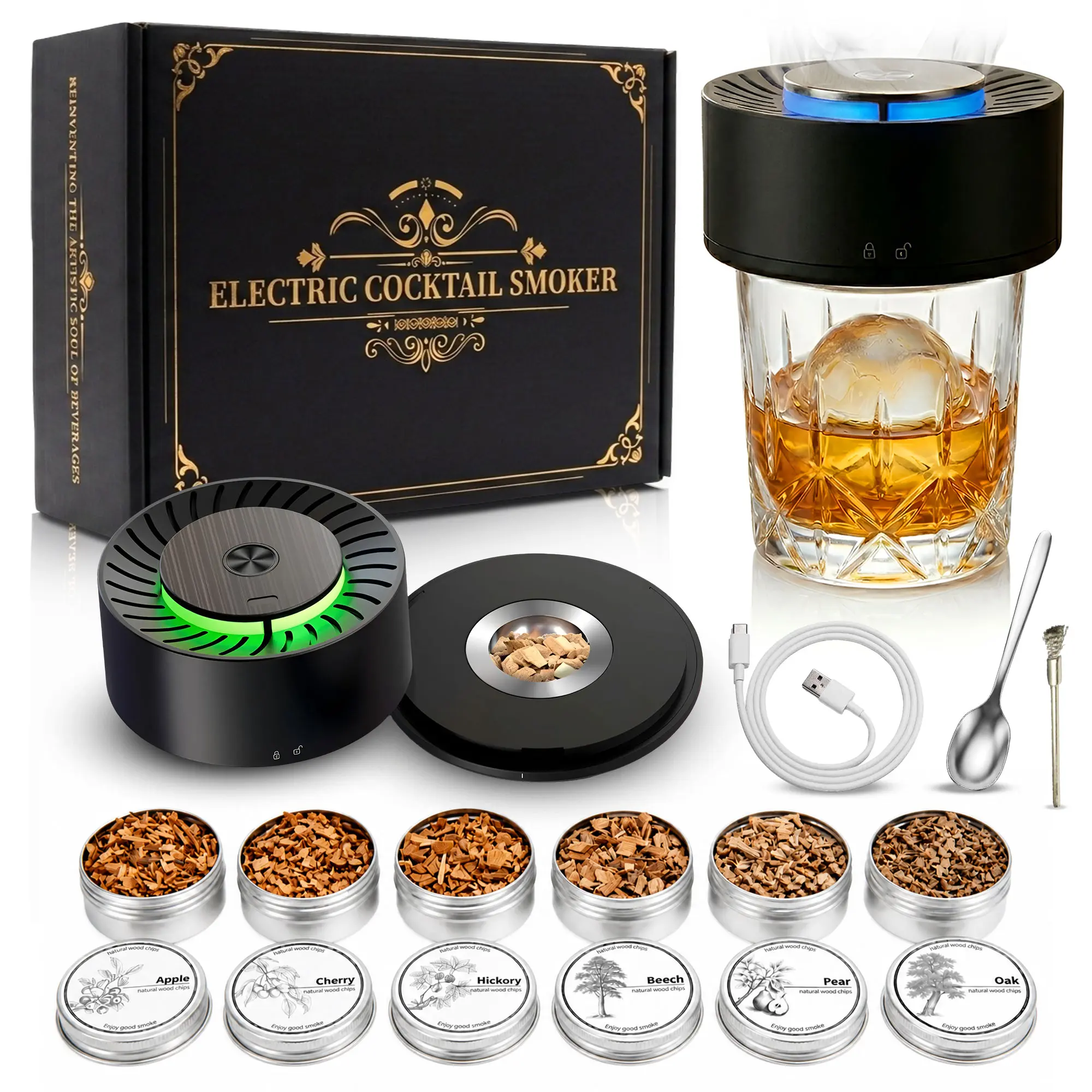 Electric Whiskey Smoker Kit Built-in Lighter, No Butane Needed, Rechargeable Cocktail Smoker Kit with 6 Wood Chips,Fashioned Drink Smoker Kit
