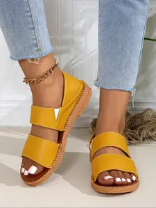 Women's Fashionable Solid Color Sandals, Leather Sandals, Elegant Sandal, Casual Comfortable Sandals for Summer, Female All-match Open Toe Sandals for Daily Wear, Walking Shoes, Footwear Strap Slides
