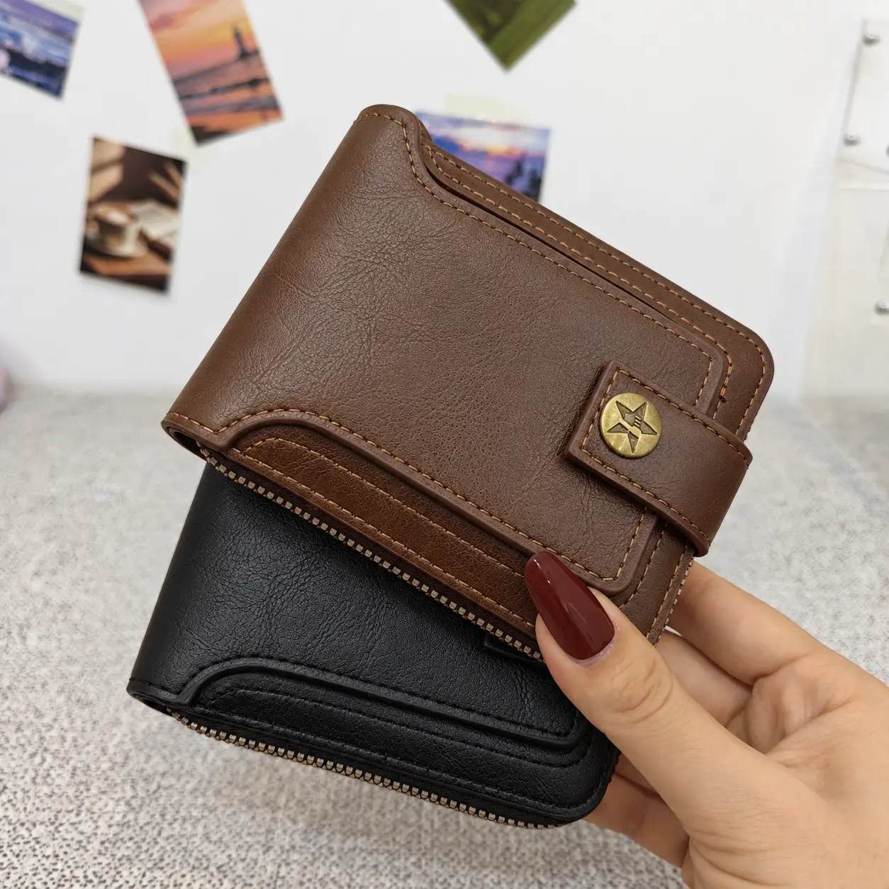 GOODBEE Men's Retro Short Zipper Pouch Wallet, Casual Plain Compact Coin Purse with Brass Buckle Closure, Slim Everyday Wallet