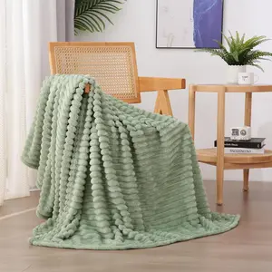 Sage Green Fleece Throw Blanket 50”×60” for Couch Sofa Bed Super Soft Cozy Plush Microfiber Flannel Blanket with Stripes Design Lightweight for Adults Women Girls