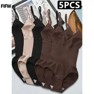 5-Piece Seamless Shapewear Bodysuits for Women with Abdominal Compression and Hip Lift Function - Tummy Control, No Padding, Stretch Nylon Spandex Blend Fabric, Black/Brown/White/Beige/Navy Blue, Suitable for Travel and Casual Wear, Comfortable Underwear