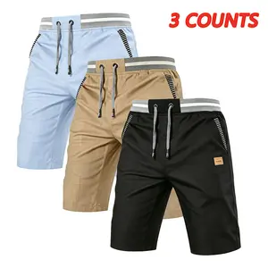 Men’s 3-pack casual shorts featuring an elastic waistband with drawstring and contrast trim; lightweight, breathable design with a loose fit—ideal for summer everyday wear, vacations, weekend outings, and those who prefer a relaxed style. Men's