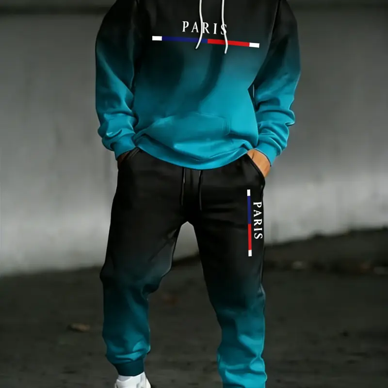 Men's 2-Piece Sets - Long Sleeve Gradient Paris/Creepy Spooky Graphic Hoodie & Jogger Tracksuit, Casual Fall-Winter Halloween Holiday Party Outfit, 2 Piece Mens Casual Sweatsuit Outfits, Mensfashion