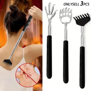 3-Piece Retractable Adjustable Portable Back Scratcher Set, Rubber-Grip Eagle Claw & Bear Paw Designs, Stainless Steel Telescopic Massagers, Body Care