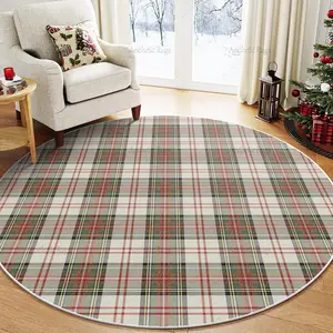 Round Christmas Plaid Carpet Mat, French Country Style Indoor Rug, Boho Washable Rug, Pet-Friendly Non-Slip Soft Comfortable Washable Foldable